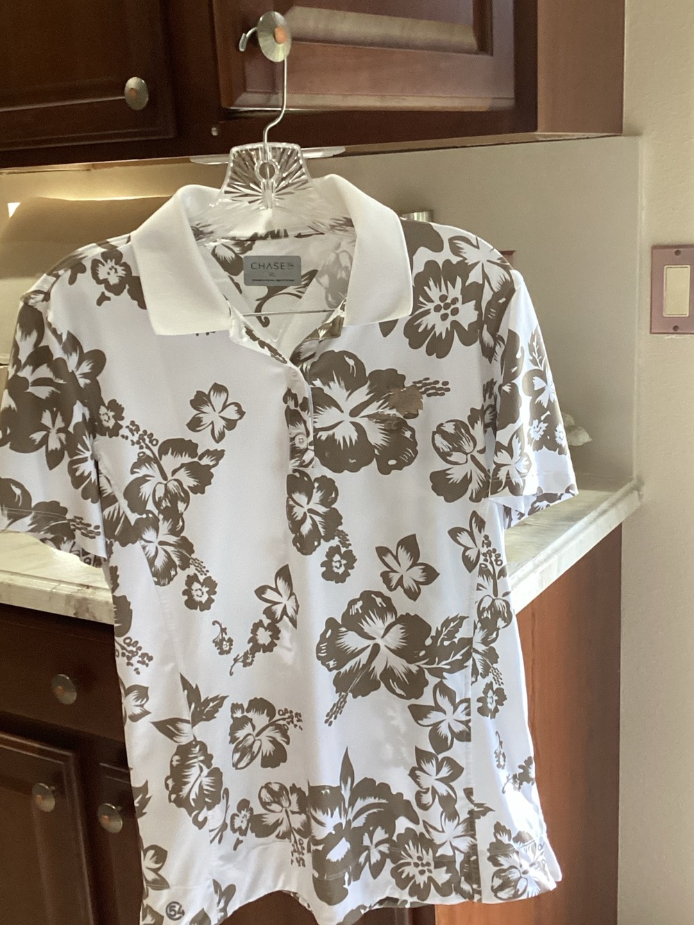 CHASE54 Women’s White Polo with Taupe Floral Print